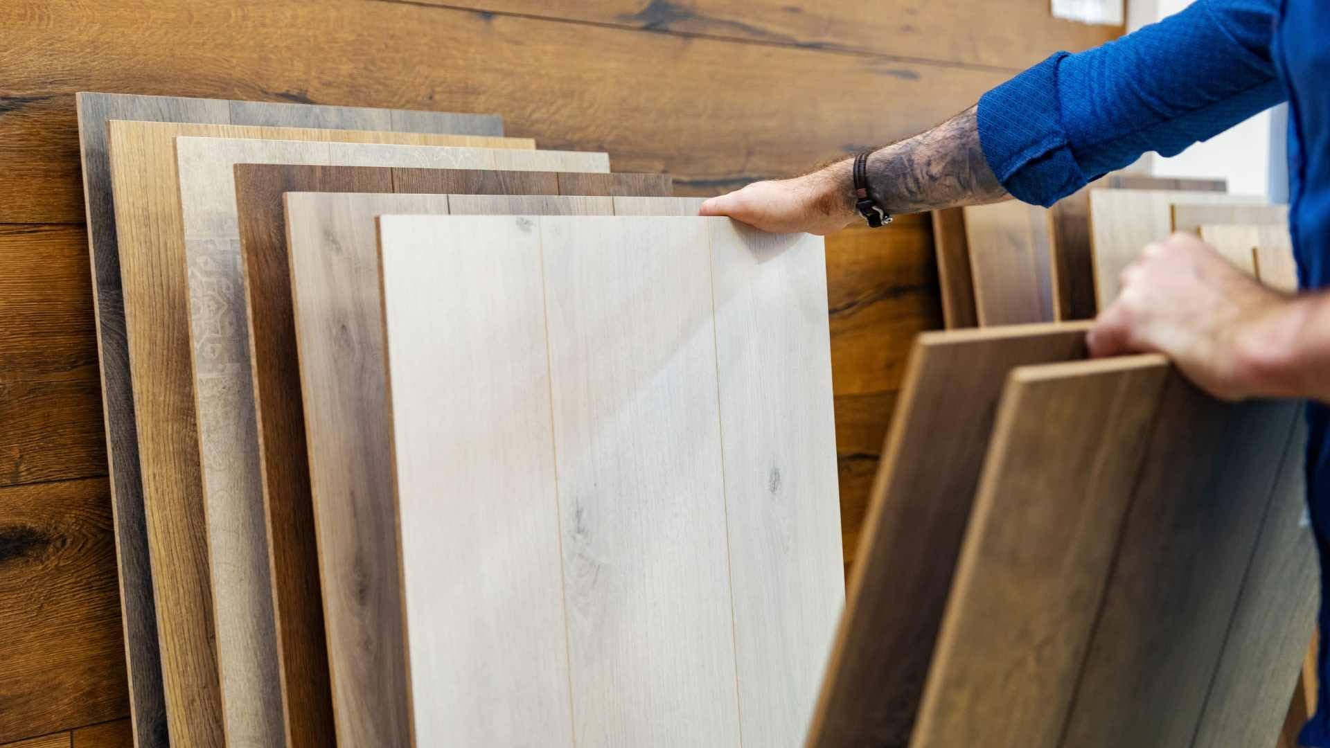 Wood flooring samples displayed for selection before installation.