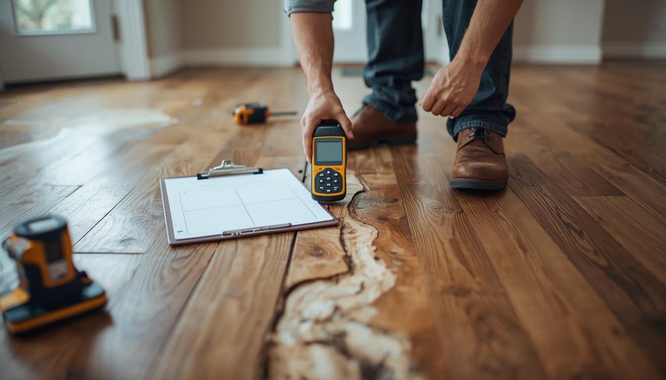 Contractor using a laser measuring tool on a hardwood floor with a clipboard nearby